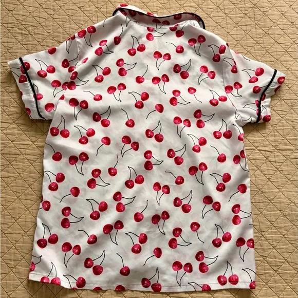kate spade Cherry Print Satin Feel Pajama Set in Red and White with Black Trim - Picture 9 of 16